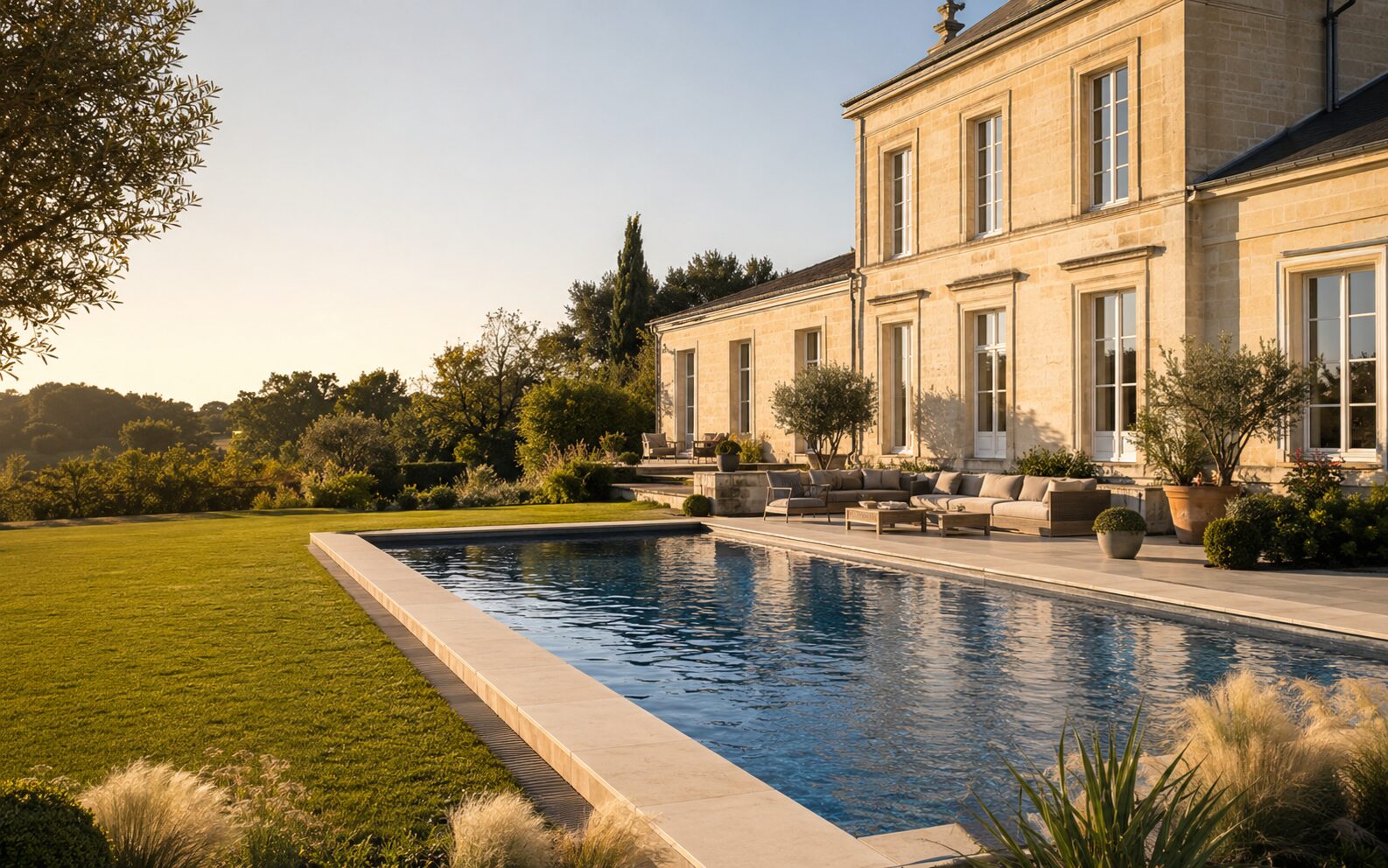 Piscine contemporaine devant une maison bordelaise en pierre blonde